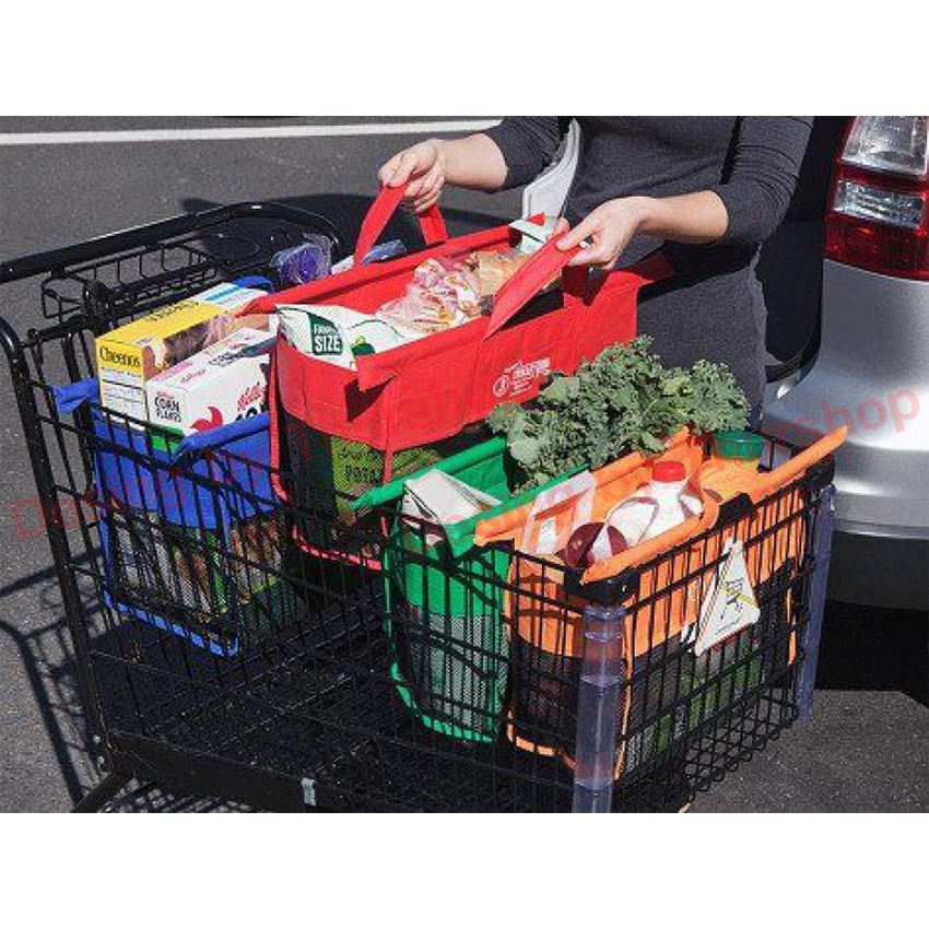 กล่องเก็บของแบบมีฝาปิด เป้สะพายหลัง Shopping Cart Trolley Supermarket Shopping Bag ชุดกระเป๋าใส่ของในรถเข็น เซท 4 ใบ