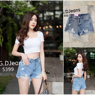 G.D.Jeans  5399#กางเกงยีนส์ขาสั้นผ้าด้านทรงบอยแต่งขาดเซอร์ๆฟอกสี