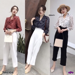 TwinsShopVip💗พร้อมส่ง TW6904 	Set 2 ชิ้น เสื้อลายจุดแขนยาวระบายย้วย+กางเกงขายาว