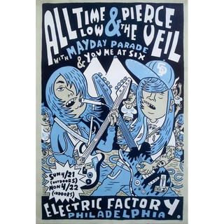 โปสเตอร์ รูปวาด คอนเสิร์ต วง ดนตรี All Time Low &amp; Pierce The Veil Electric Factory 2013 POSTER 24”x35” Illus Hawk Krall