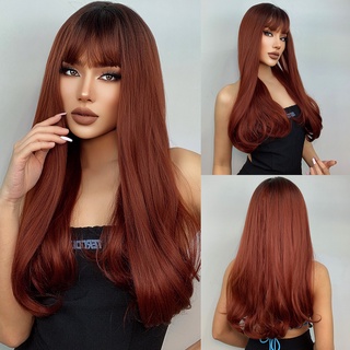 Brown Red Long Wavy Ombre Synthetic Wigs with Bangs Natural Hair Wigs for Women Cosplay Halloween Wigs Heat Resistant