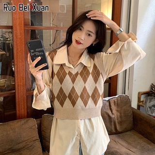 Ruo Bei Xuan เสื้อถักสำหรับผู้หญิงแขนกุดคอวี Rhombus ถักเสื้อกั๊ก