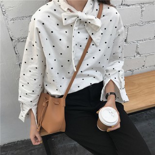 พร้อมส่ง❣️Polka dot shirt เสื้อเชิ้ตลายจุดแต่งโบว์ตรงคอ