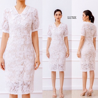 M10 S-XL Dress เดรสยาว คอปก แขนพอง สีขาว เดรสแฟชั่น สไตล์เกาหลี เดรสออกงาน ชุดออกงาน LUXE