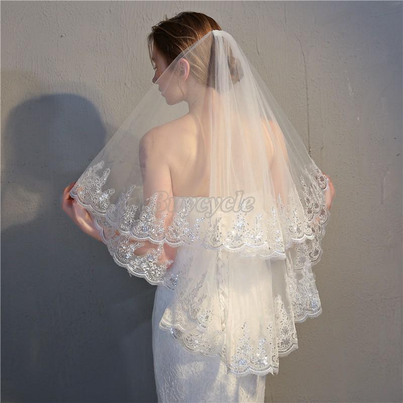 Buycycle Nice White Elbow Tulle 2 Layer Lace Edge Squin Wedding Bridal Long Veil