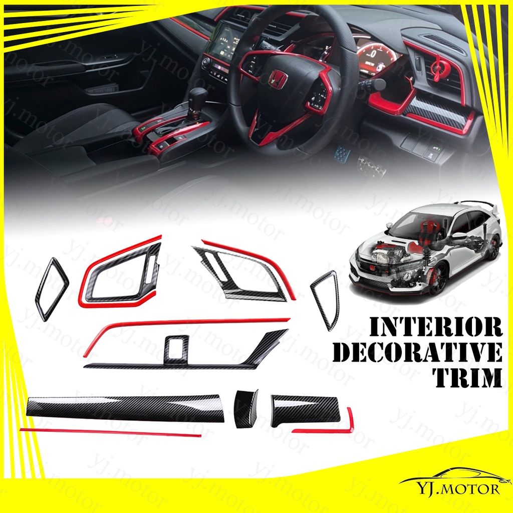 ฝาครอบแดชบอร์ด คาร์บอนไฟเบอร์ สีแดง สําหรับตกแต่งภายในรถยนต์ Honda Civic FC ปี 2016-2020 Dashboard Air Outlets Cover