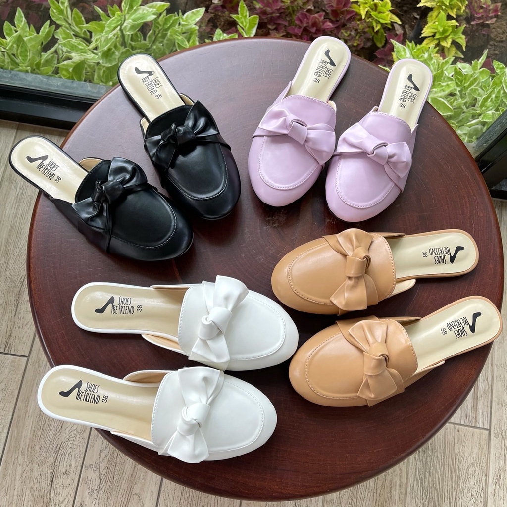shoes be friend (มัดโบว์พื้นหยดน้ำ) รองเท้าเปิดส้นโบว์ น่ารักงานพรีเมียมหนังPU เหมาะกับเท้าผู้หญิงสุดๆ