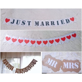 ป้าย Just Married /Mr &amp; Mrs /ชื่อเล่นบ่าวสาว/ป้ายหัวใจ