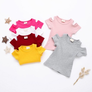 Summer Baby Girls Candy Color Shirt Off-shoulder Short Sleeved Kids Cotton Clothes Tops