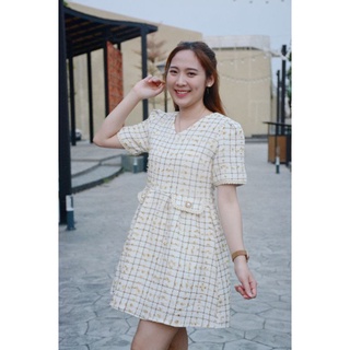 Cookie n Cream Tweed Dress S M เดรสทวิต ผ้าทอ เดรสสั้น เดรสทำงาน เดรสออกงาน เดรสสีขาว ซับในทั้งชุด