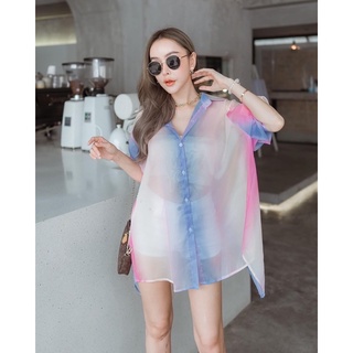 พร้อมส่ง‼️ เสื้อเชิ้ตซีทรู ผ้าชีฟองเกาหลี สีรุ้ง เงาๆ สวย ผ่าหลังผูก โชว์แซ่บ เซ็กซี่ เกร๋ๆ พริ้วๆ