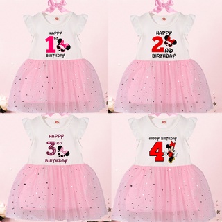 ชุดเดรส ลายมิกกี้ มินนี่เมาส์ Birthday 1-4th สีชมพู สําหรับเด็กผู้หญิง