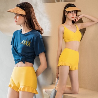 Yellow and Blue swimsuit 0420 ด้านในมีกางเกงขาสั้น กางเกงกระโปรง ผ้าดีมาก สีสันสดใส 3pcs มีแผ่นหน้าอก M L XL women short