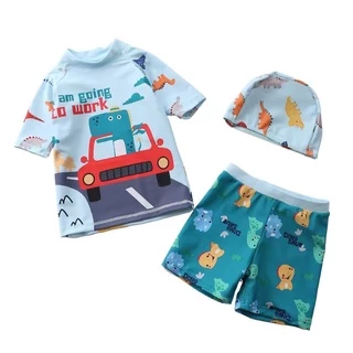 Babyonline(Y394)D2-3 (ส่งด่วน1วัน)ชุดว่ายน้ำเซ็ต3ชิ้นพร้อมหมวกสำหรับเด็กผู้ชายลายสัตว์น่ารัก