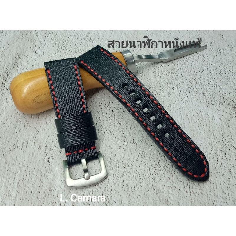 สายนาฬิกาหนังแท้ หนังวัวอัดลายสีดำ ด้ายแดง Watch Straps ขนาด 18, 20, 22, 24, 26 mm. แถม!! สปริงบาร์ 1 คู่ (ผลิตในไทย)