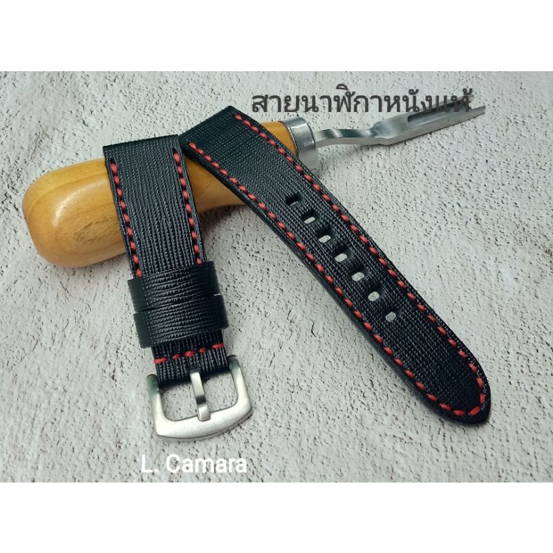 สายนาฬิกาหนังแท้ หนังวัวอัดลายสีดำ ด้ายแดง Watch Straps ขนาด 18, 20, 22, 24, 26 mm. แถม!! สปริงบาร์ 
