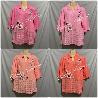 เสื้อหนังไก่คอปก เสื้อแขนสามส่วน ลายดอก แฟชั่นผู้หญิง เสื้อผ้าแฟชั่น