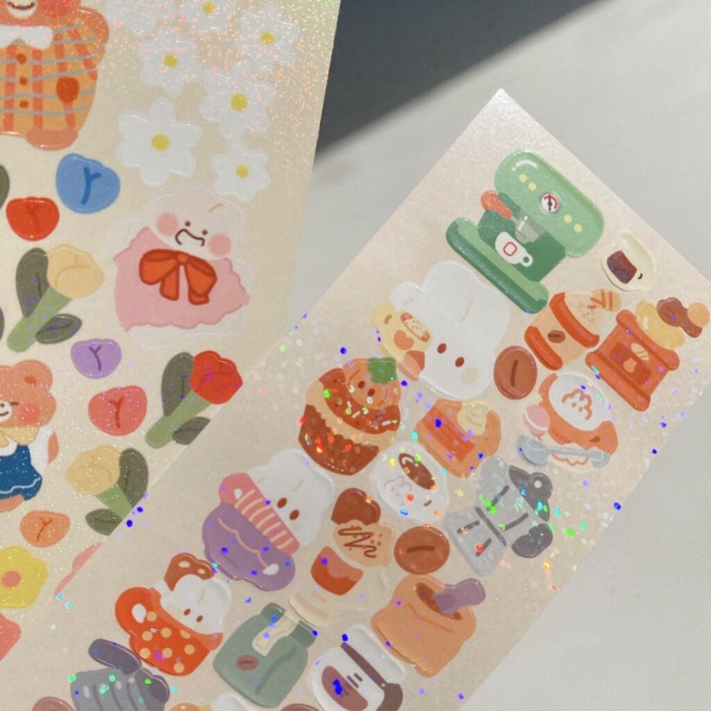 สติ๊กเกอร์หมี กระต่าย ไดคัท เคลือบโฮโลแกรม ใช้ติดโทรศัพท์ มือถือ ตกแต่งไดอารี่ สไตล์เกาหลี  Hologram Bear Sticker - รูปที่ 6