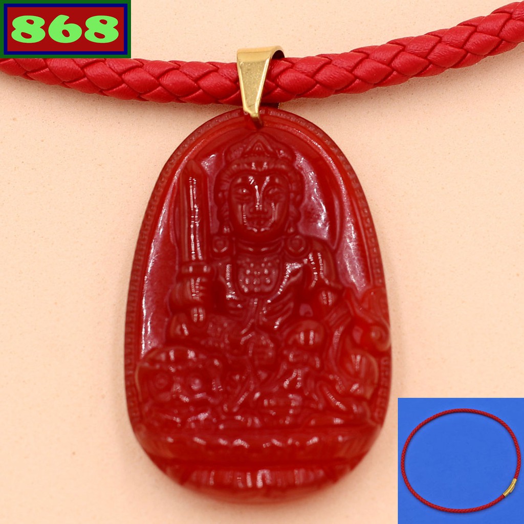 Manjushri Buddha สร้อยคอหนังสีแดงหินแดง ขนาด 3.6cm 5cm