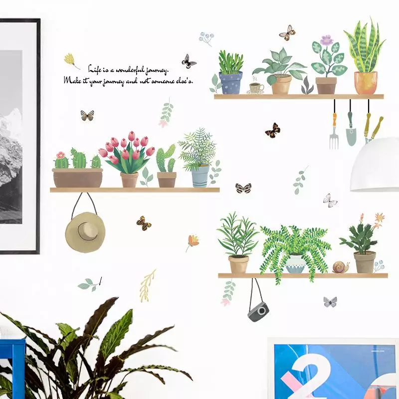【Deowuu】สติกเกอร์ติดผนัง ลายชั้นวางกระถางต้นไม้ สำหรับตกแต่งห้องนั่งเล่น