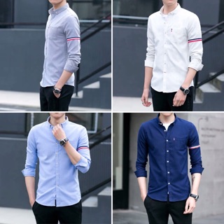 เสื้อเชิ้ตผู้ชาย เสื้อเชิ้ตแขนยาว ลายคาดแขน ผ้าoxford（86698772174）