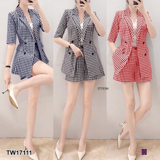 TwinsShopVip💗พร้อมส่ง TW17111 set 2 ชิ้น เสื้อสูทแขนสั้นลายสก็อต + กางเกงลายสก็อตขาสั้น