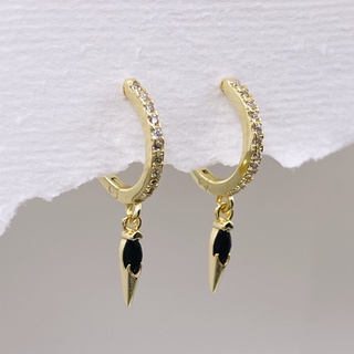 Gold Pavé Huggie Hoops With Black CZ Crystal Spike 18K, Gold Plated Earrings | ต่างหูห่วง เงิน 925 ชุบทองแท้ 18กะรัต