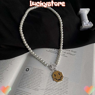 LUCKY Minimalist Pearl Necklaces Punk Hip Pop Korean Style Smiley Pendant Necklace Cuba Couples Cuban Chain Fashion Jewelry Pearl Bead Gifts Men Necklaces