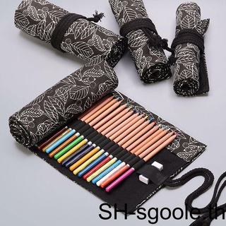 Girls Black White Leaves Canvas Roll-Up Bag Pen Stationery Storage Case Pencil[sgoole]