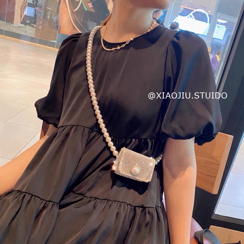 กระเป๋าสะพายแฟชั่นผู้หญิง ประดับไข่มุกและโซ่เพชร ขนาดเล็ก