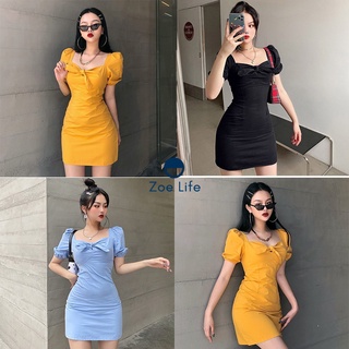 🎀Zoe Life🎀 มินิเดรสสีพื้น ชุดเดรสผู้หญิง ชุดเดรสมีโบว์หน้า  ชุดเดรสผู้หญิง ชุดเดรสกระโปรงสั้น