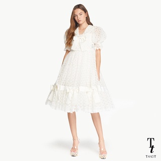 TandT - "DARINA" Embroidered Sailor Collar Transparent Tulle Dress เดรสสั้นรูดระบายทรงบาน แขนสั้นทรงพอง