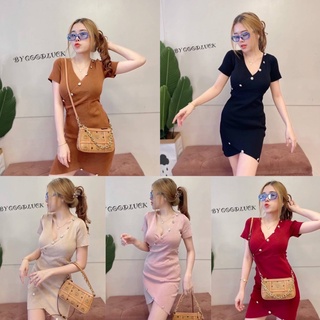 🌈 SpinnyHouse 🌈 เดรสไหมพรม ทรงคอวีไขว้แขนสั้น💚🧡💜เย็บแต่งกระดุมเงิน งานตรงปกจ้า😝😊 เกาเหลา H102A