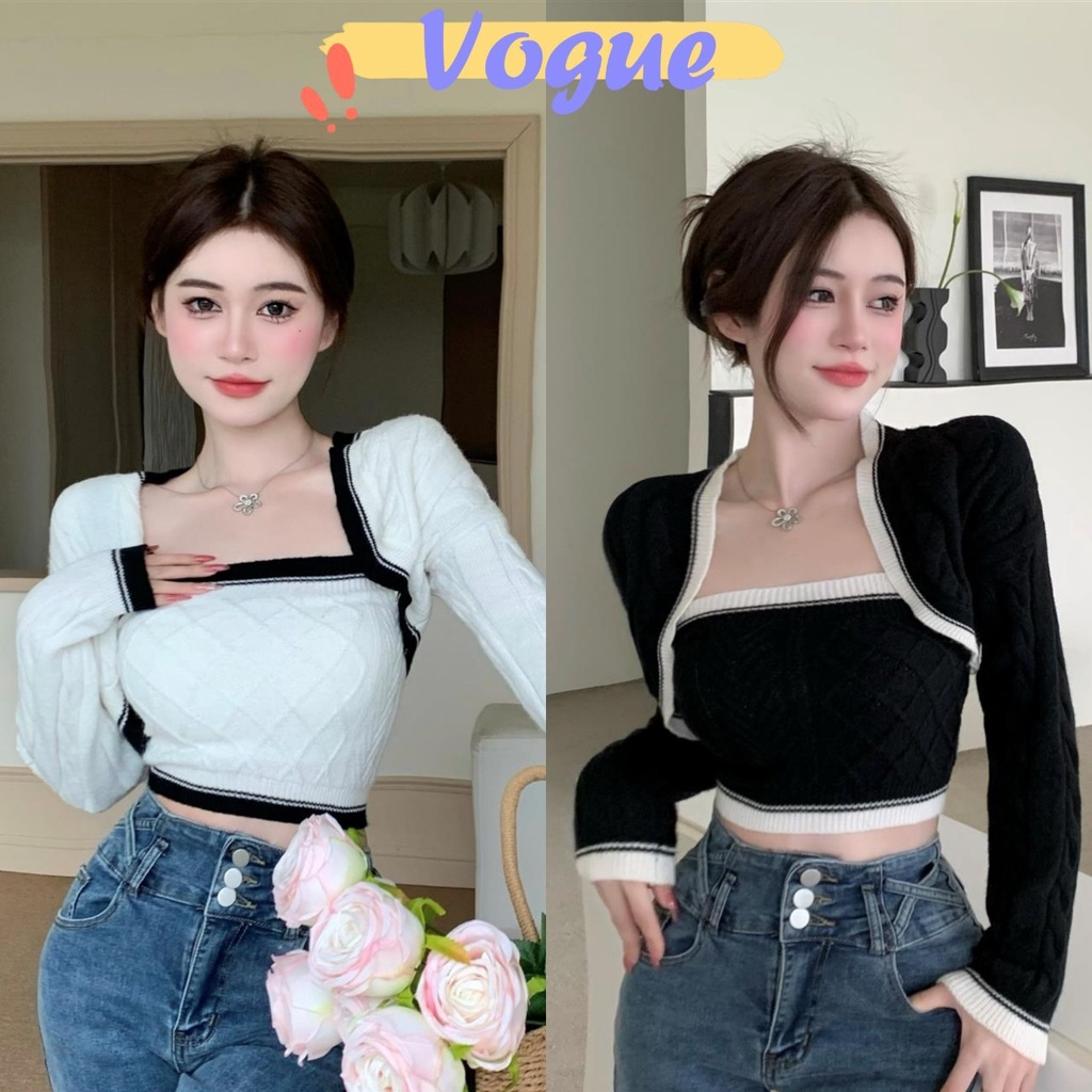 Vogue​ ​พร้อมส่ง​ เสื้อเกาะอกไหมพรม+เสื้อคลุมแขนยาว มี4สี น่ารักมาก (M0106+M0106-1) -C -N