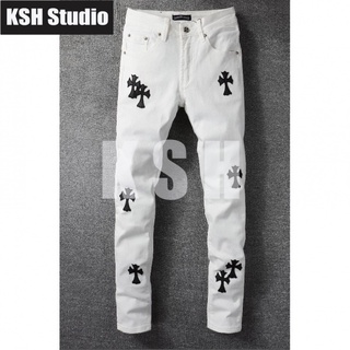 CH Cross white Jeans High Street BIKER แพทช์หลุมหัวรถจักรยืดย้อนยุคเก่าสีจุดบางฟุตกางเกงยีนส์ผู้ชายอินเทรนด์