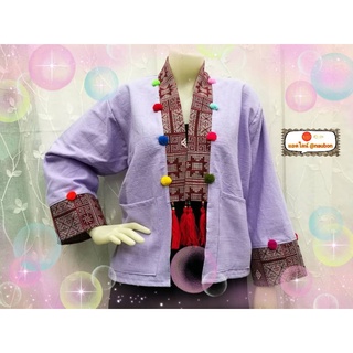 เสื้อคลุมผ้าฝ้ายสีพื้น แต่งปอมแต่งพู่ อก 42"