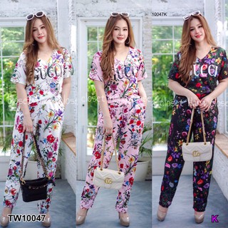 PP10047 Set #สาวอวบ เสื้อคอวี+กางเกงขายาว ลายแบรนด์ดัง
