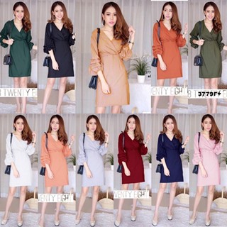 G3779 ชุดเดรสแต่งแขนพองๆ คอวีไขว้ด้านหน้า