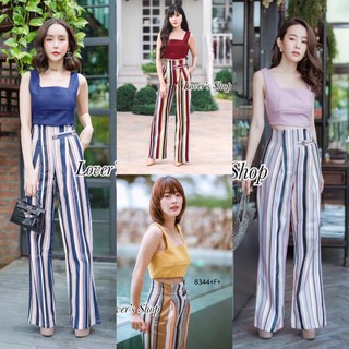 👗Pfashion [ส่งไว!!🚛] P8344 Set 2 ชิ้น เสื้อกล้ามครอบ + กางเกงลายสลับสี  Set of 2 pieces: tank top + striped pa