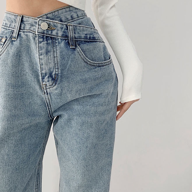 กางเกงยีนส์เอวสูงเอวสูงสไตล์ฮ่องกงย้อนยุคหญิงฤดูร้อนกางเกงขายาวทรงสลิมหลวมกางเกงซับใน