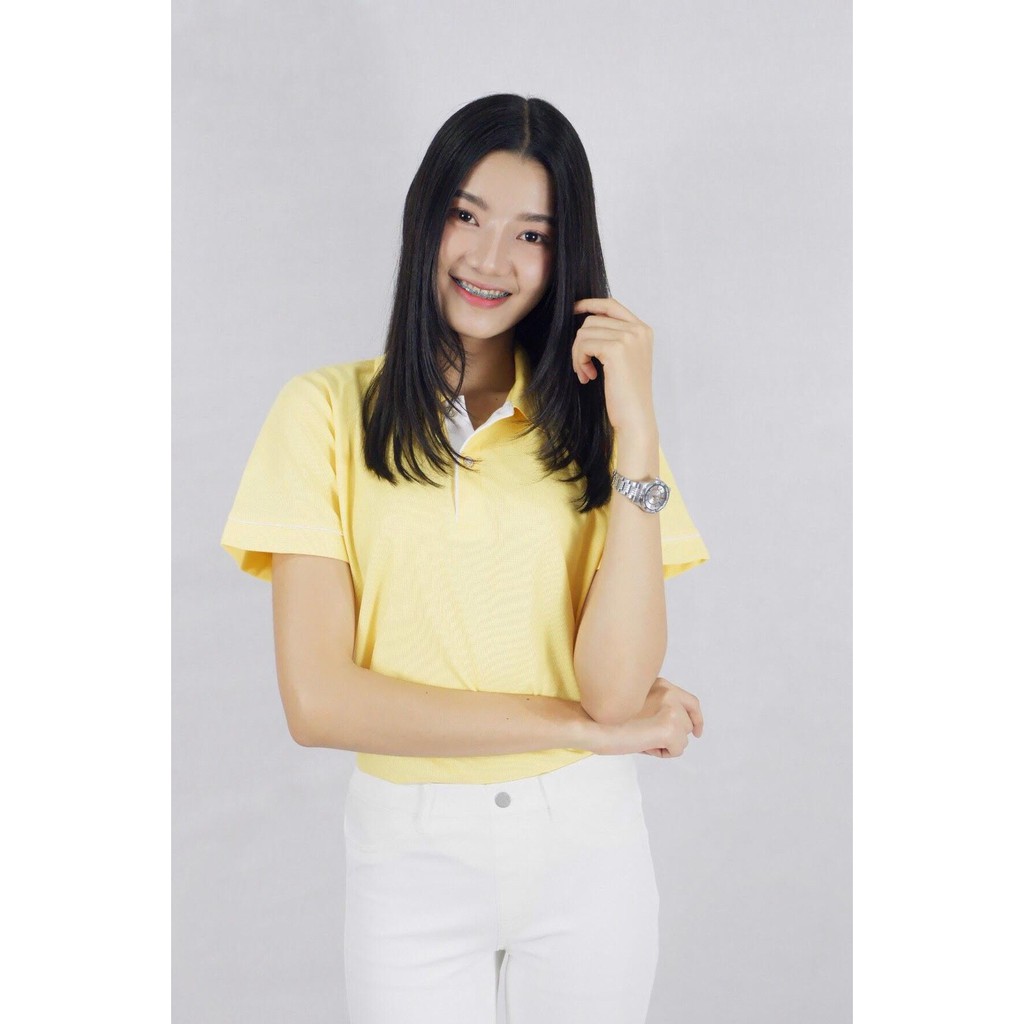 พร้อมส่ง เสื้อโปโลสีพื้น คอปก -สีเหลืองผู้หญิง
