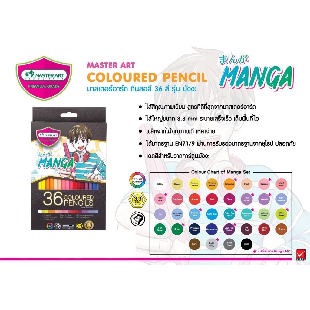 Master Art มาสเตอร์อาร์ต ดินสอสีไม้ 1หัว รุ่น MANGA 36 สี(แถมฟรีกบเหลา) Special Collection Coloured pencils