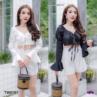 TwinsShopVip💗พร้อมส่ง TW9787 Set เสื้อแขนยาวต่อระบาย+กางเกงขาสั้น
