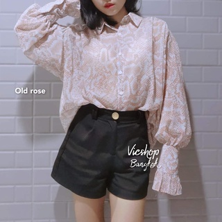 chiffon shirt  : เสื้อแฟชั่น เสื้อปกเชิ้ตยาว ผ้าชีฟองบางลายเสือ ติดกระดุมหน้า แขนยาวปลายแขนบาน มีกระดุมติดที่ปลายแขน