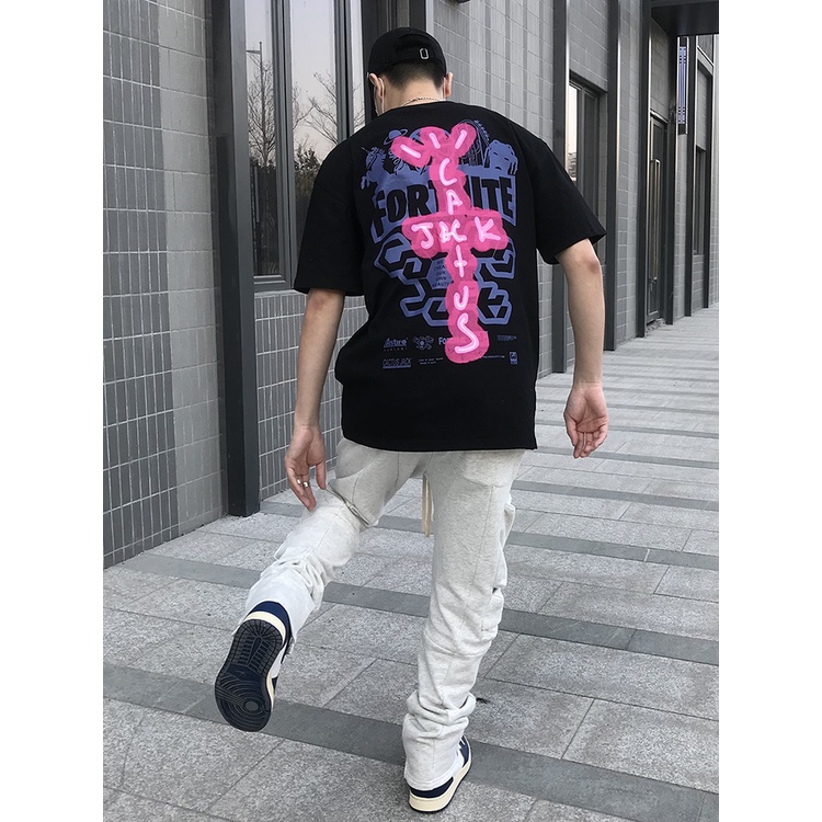 เสื้อยืดแขนสั้น ทรงหลวม พิมพ์ลาย Travis Scott high street tide brand TS Fortnite สไตล์ฮิปฮอป สําหรับ