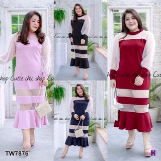 👗Pfashion [ส่งไว!!🚛] P7876 Dress #Bigsize เดรสแขนยาวตัดแต่งผ้ามุ้ง  Dress #Bigsize Long sleeve dress with mosq