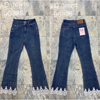 G.D.Jeans รุ่น  90328#กางเกงยีนส์แฟชั่นขายาวผ้ายืดสียีนส์เอวสูงทรงขาม้าดีไซร์ลูกไม้ขาวรอบปลายขาต่อมุกแบบเก๋ๆ