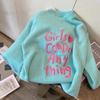 CHERISH (พร้อมส่ง) เสื้อแขนยาว เสื้อหนาว sweater แบบสวม คอกลม แฟชั่นเกาหลี Girls can do any thing ผ้านุ่ม คุณภาพ