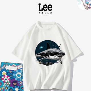 ใหม่ Leefalle เสื้อยืดลําลอง ผ้าฝ้าย แขนสั้น คอกลม พิมพ์ลายฉลาม ทรงหลวม สําหรับคู่รัก