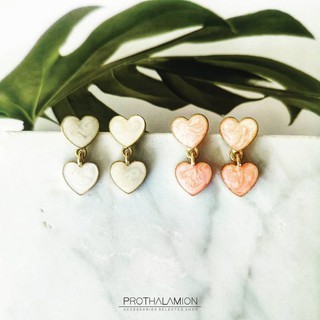 Korea Cute Double White Pink Heart Earrings ต่างหู ตุ้มหู เกาหลี หัวใจ สีขาว ชมพู น่ารัก